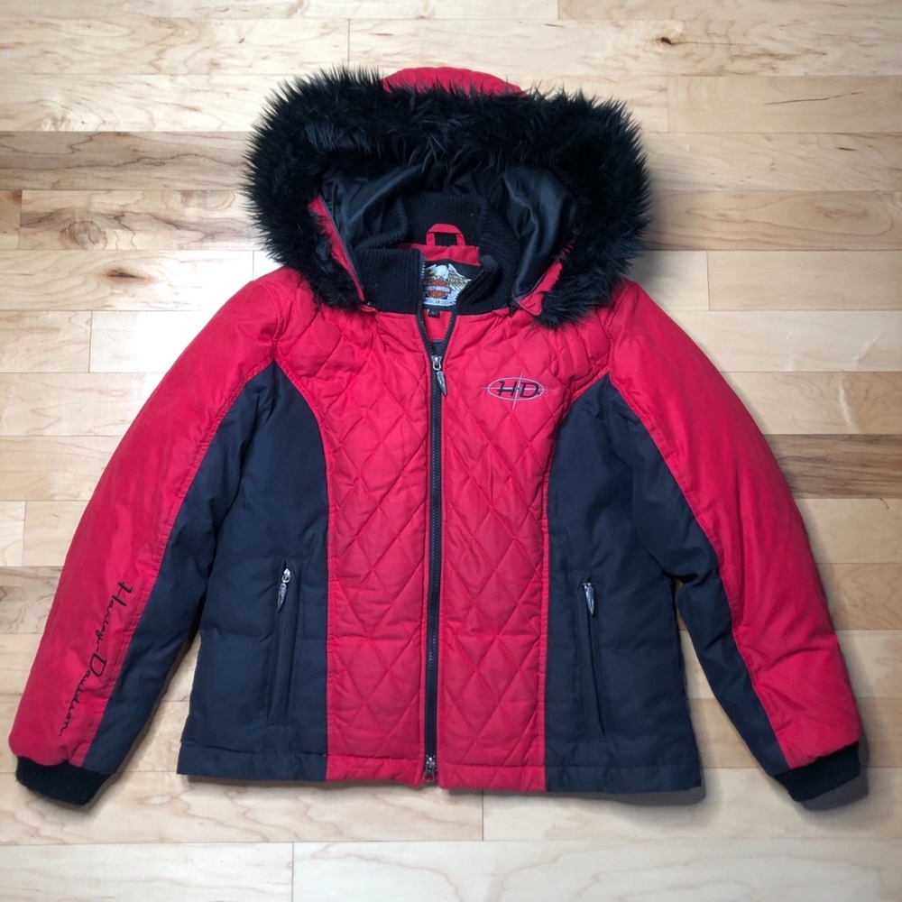 Harley Davidson Red & Black Puffer fur Jacket